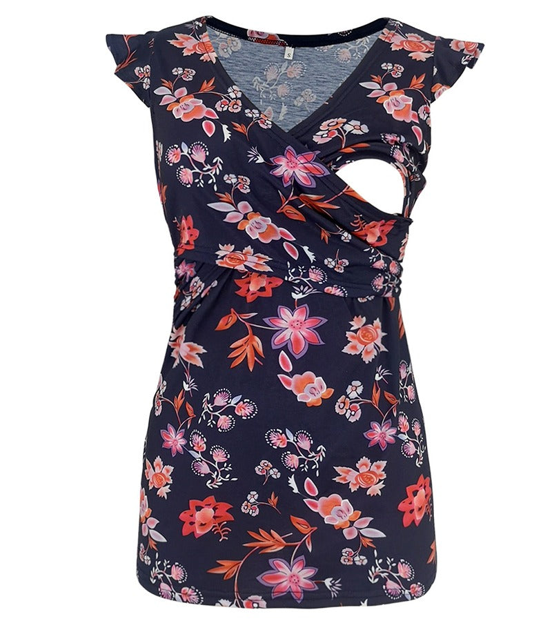 Floral Nursing T Shirt with Classic V-Neck Ruched Sides Ruffled
