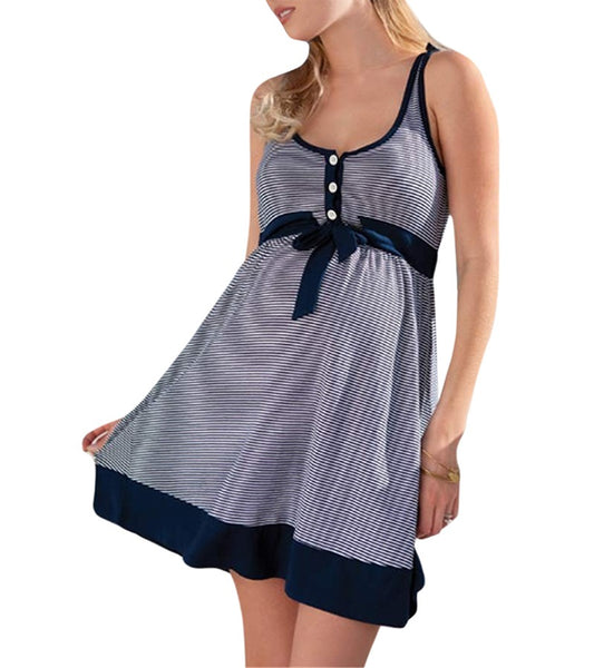 Comfortable Maternity Frock Blue & White Carolina Striped Lounge Dress
