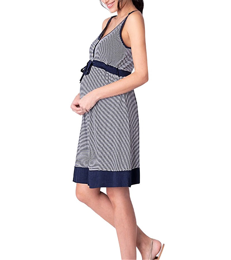 Comfortable Maternity Frock Blue & White Carolina Striped Lounge Dress